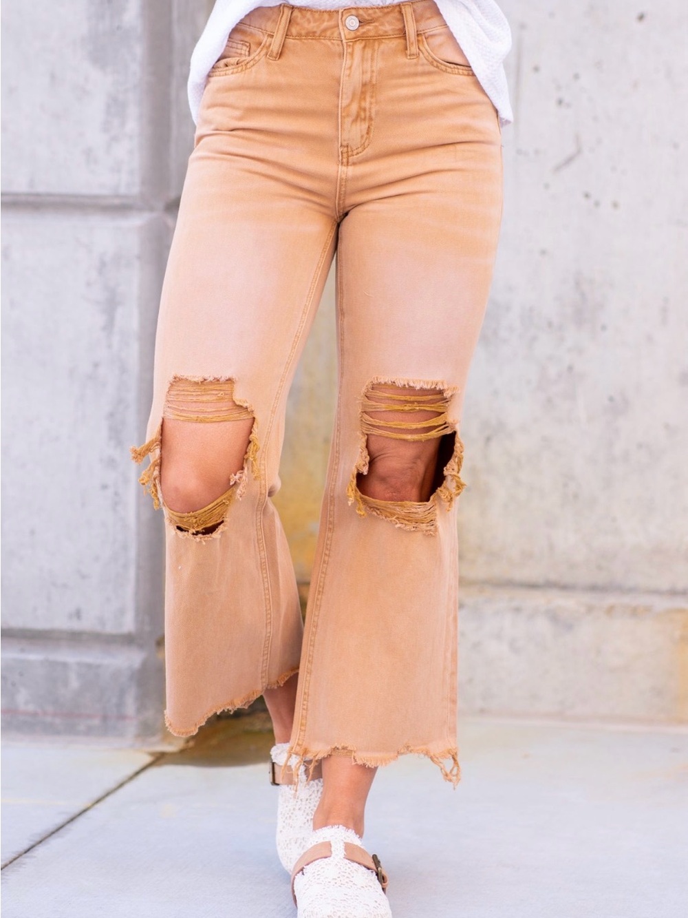 High-Rise Distressed Wide Leg Jeans - Tan